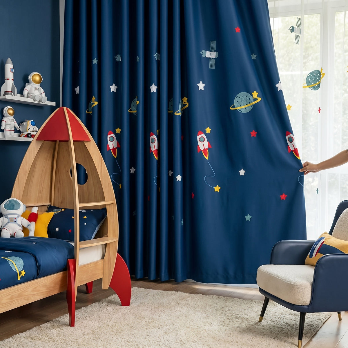 Room Darkening Curtains Blue — Space Print Kids