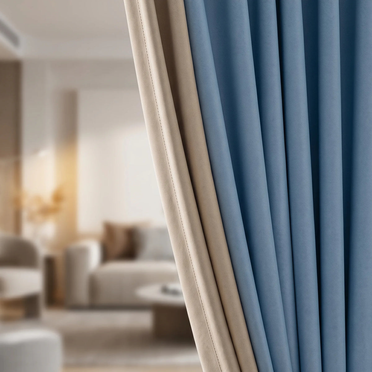 Room Darkening Curtains Sky Blue & Beige — Two-Tone Pair