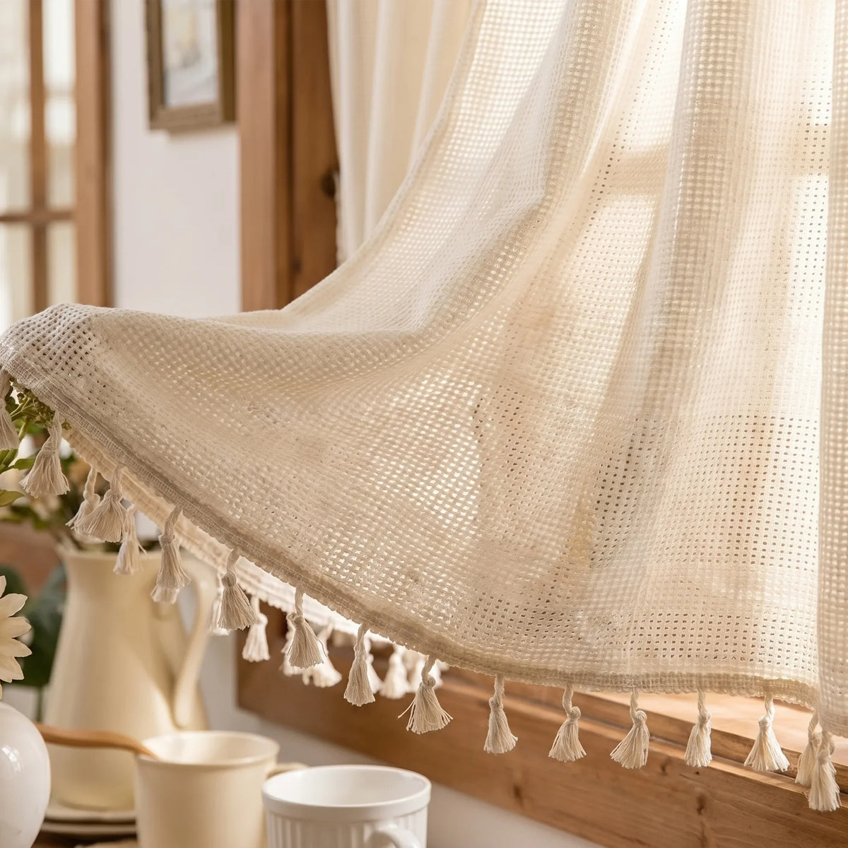 Bohemian Kitchen Curtain Beige