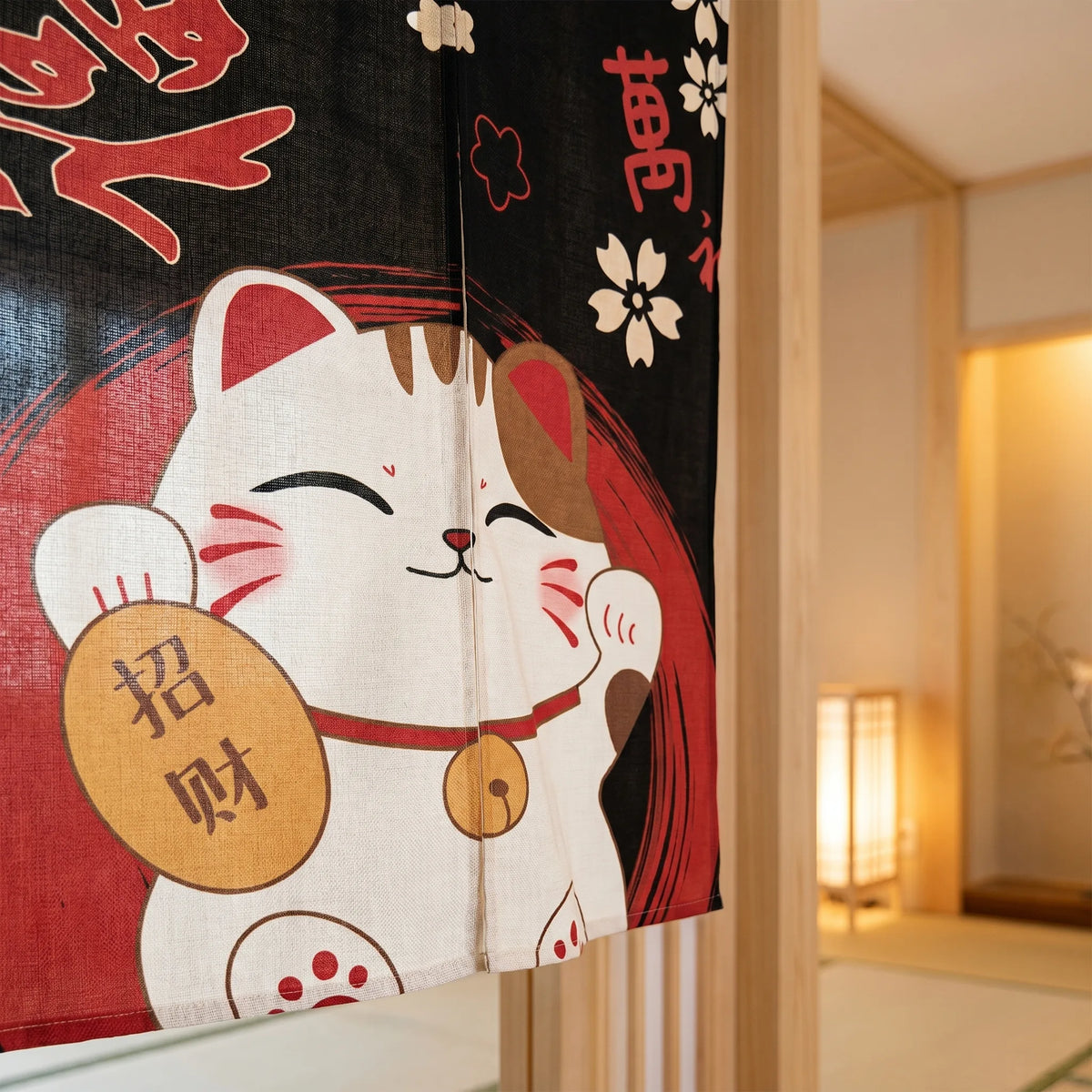 Japanese Linen Door Curtain (Noren) - Black Cat
