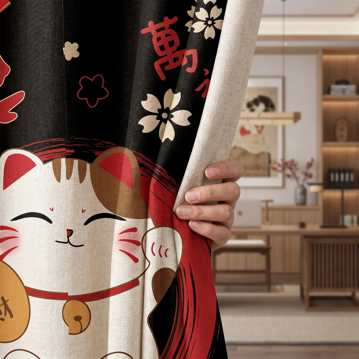 Japanese Linen Door Curtain (Noren) - Black Cat