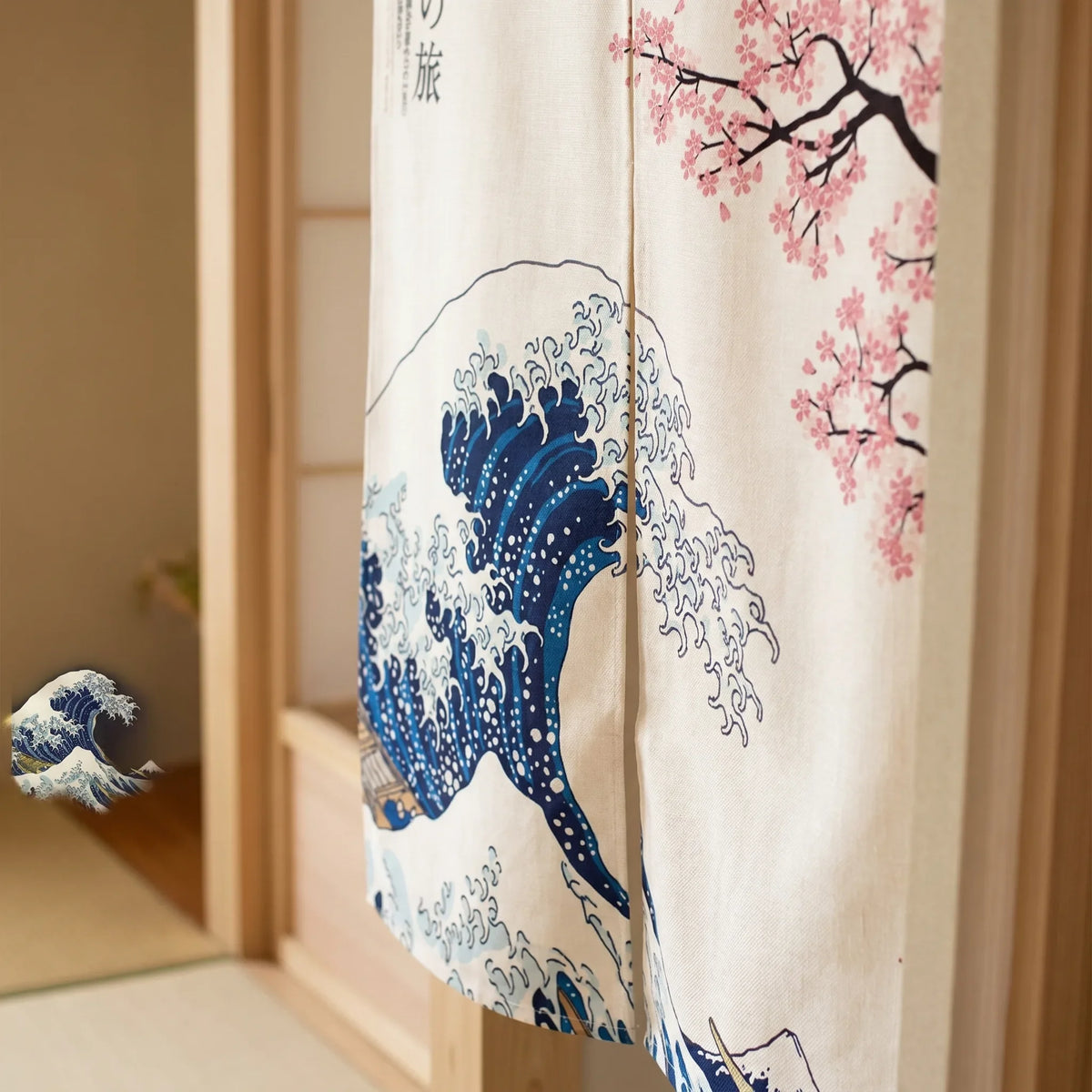 Japanese Linen Door Curtain (Noren) - White Kanagawa Wave