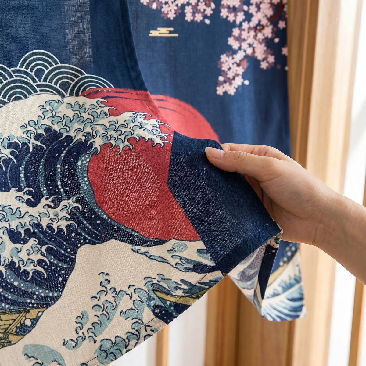Japanese Linen Door Curtain (Noren) - Blue Kanagawa Wave
