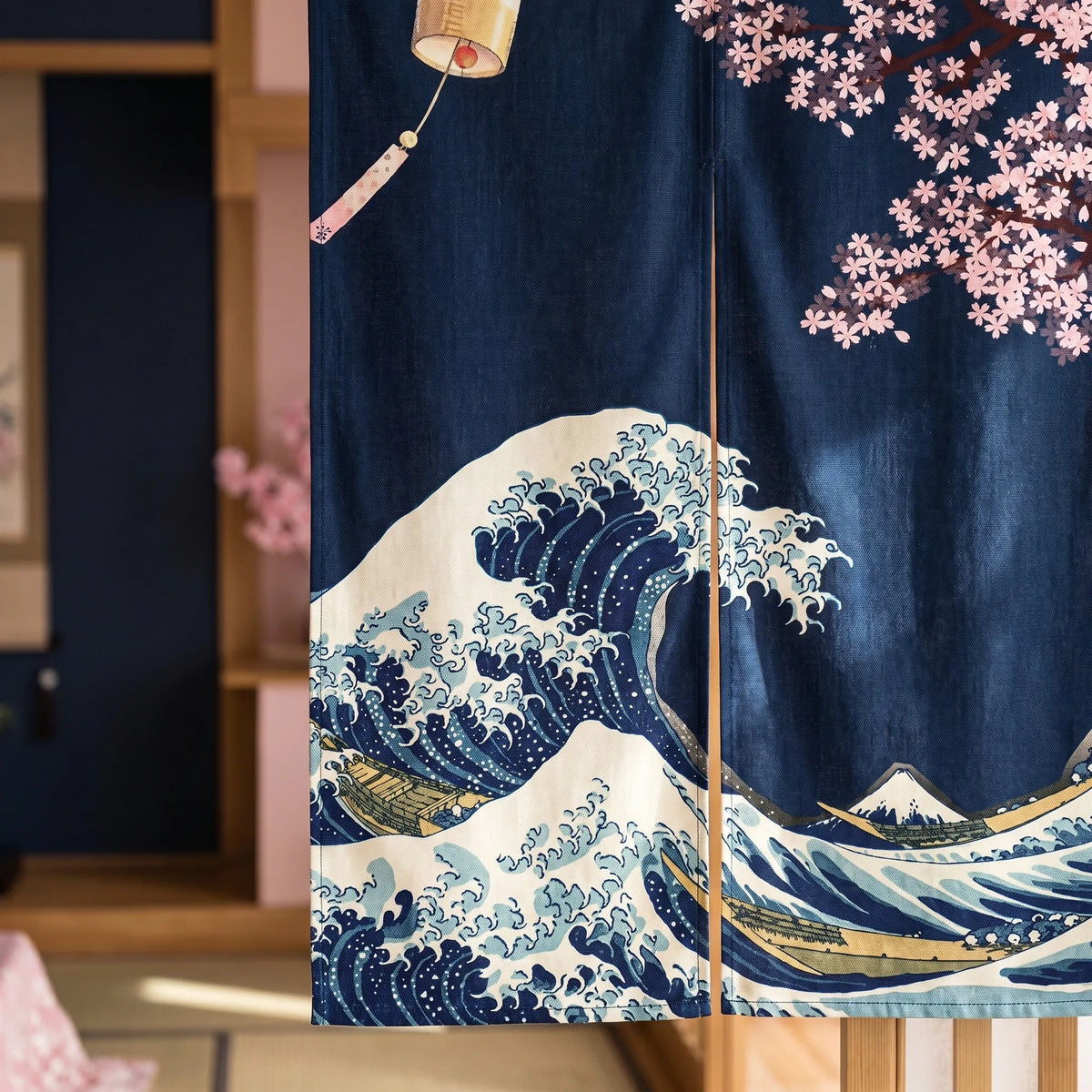 Japanese Linen Door Curtain (Noren) - Black Kanagawa Wave