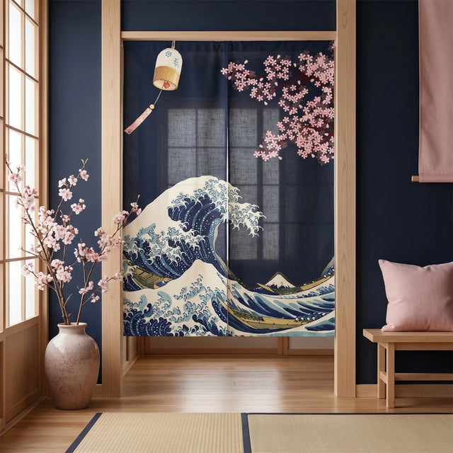 Japanese Linen Door Curtain (Noren) - Black Kanagawa Wave