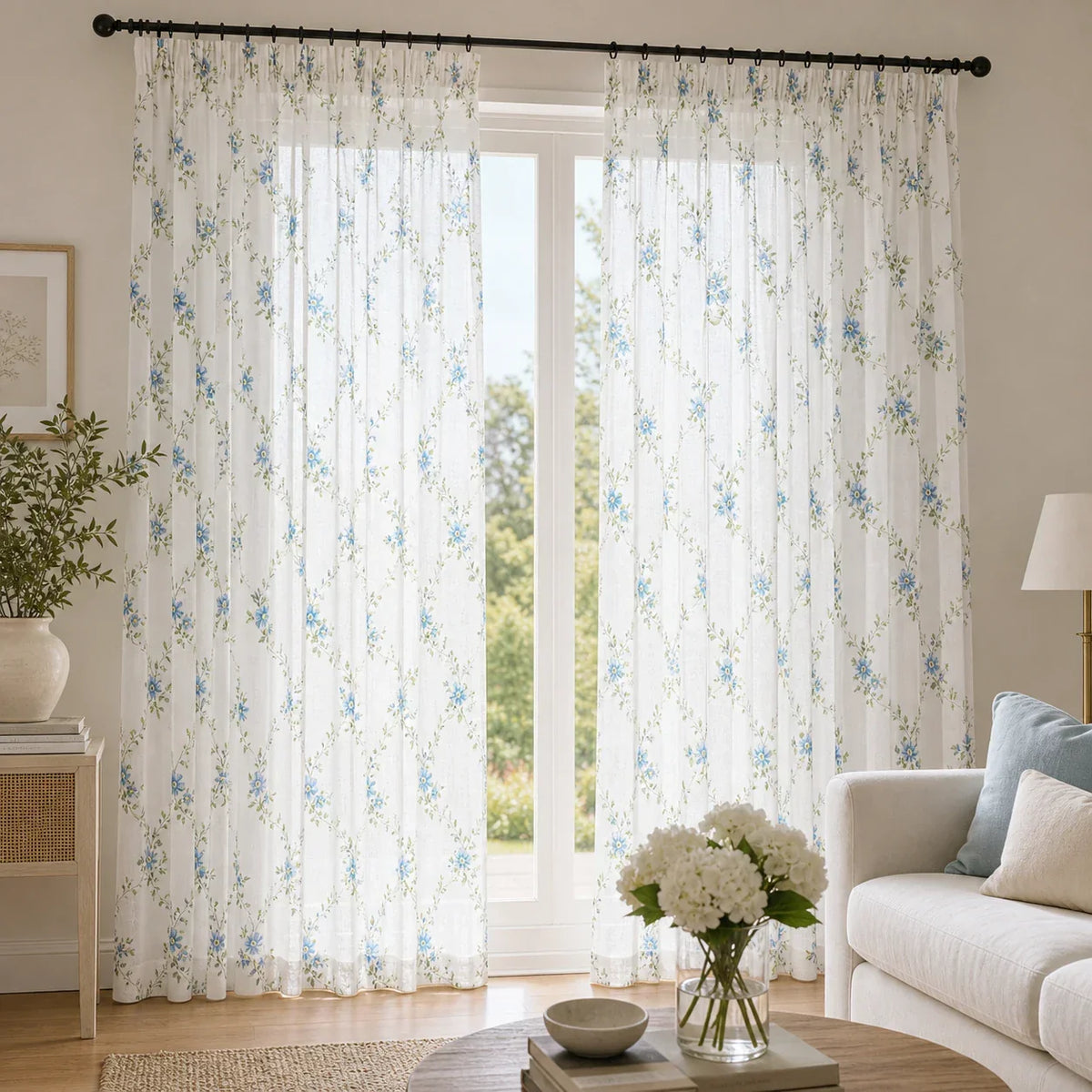 Sheer Voile Curtain Blue Floral