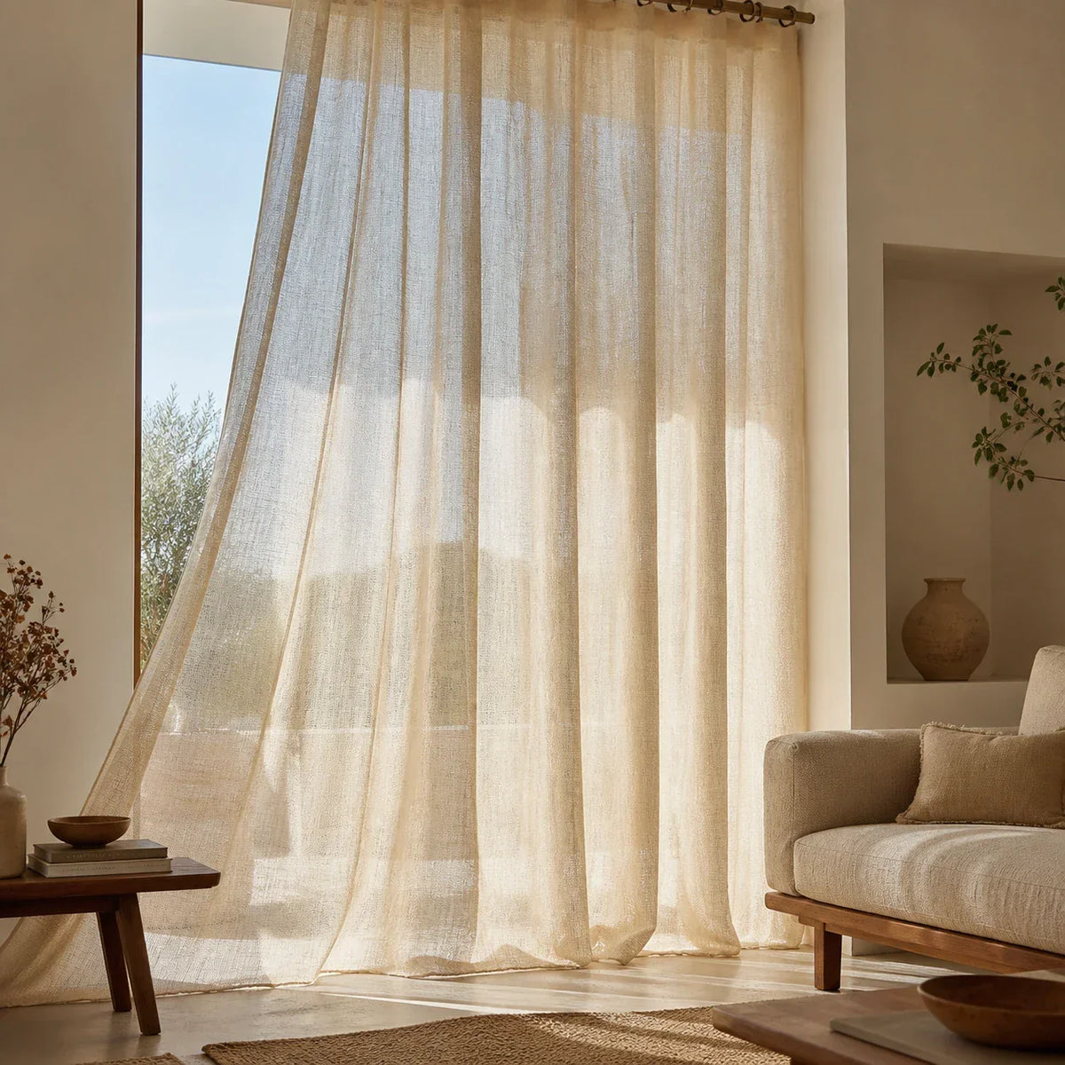 Sheer Voile Curtain Beige Woven