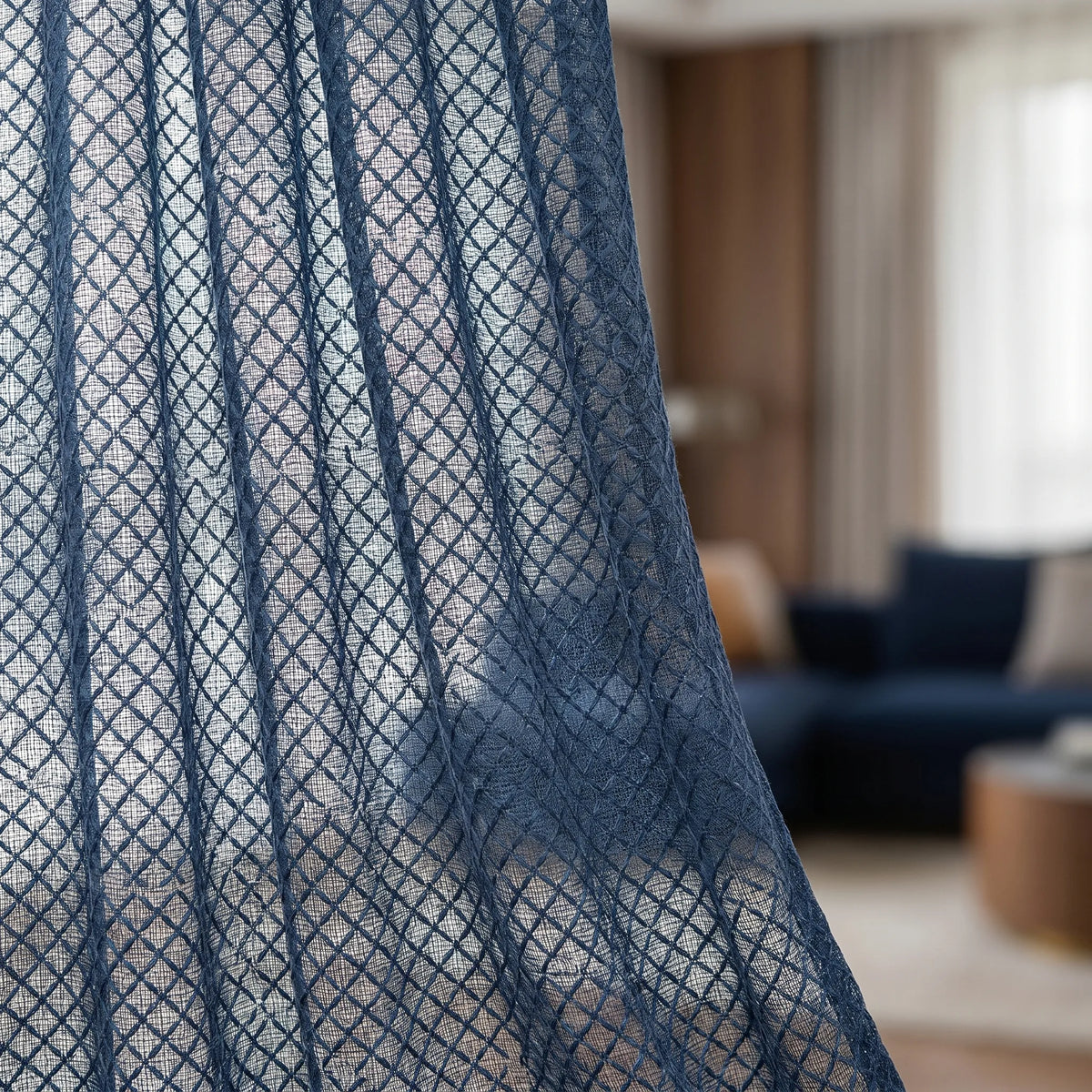 Sheer Voile Curtain Navy Blue Patterned