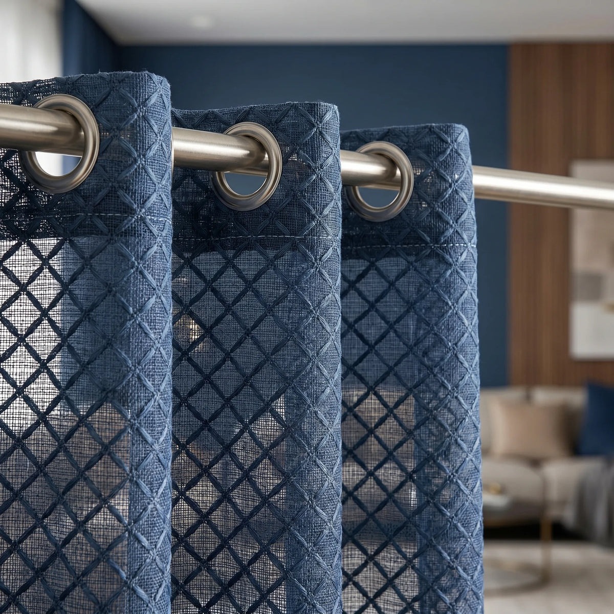 Sheer Voile Curtain Navy Blue Patterned