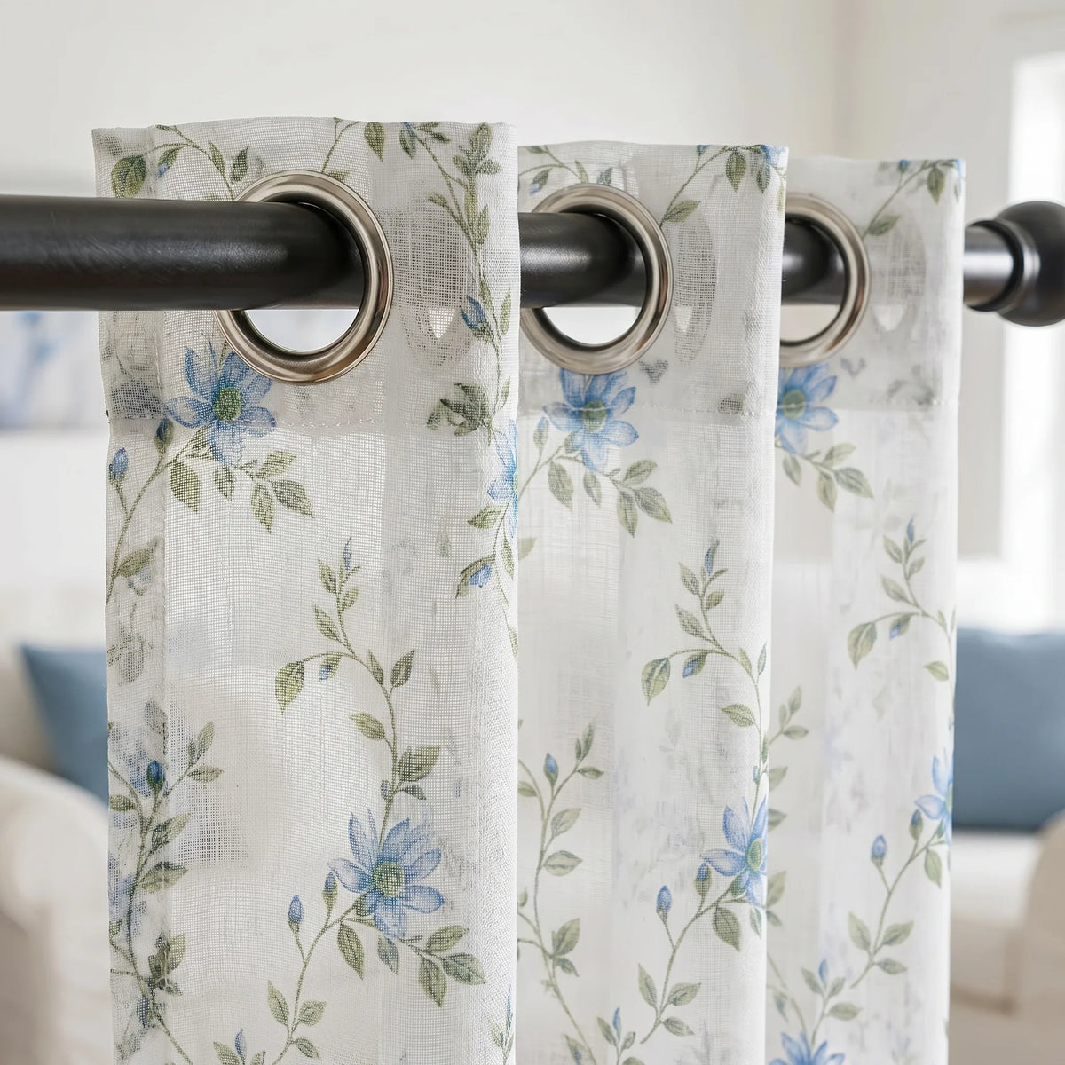 Sheer Voile Curtain Blue Floral
