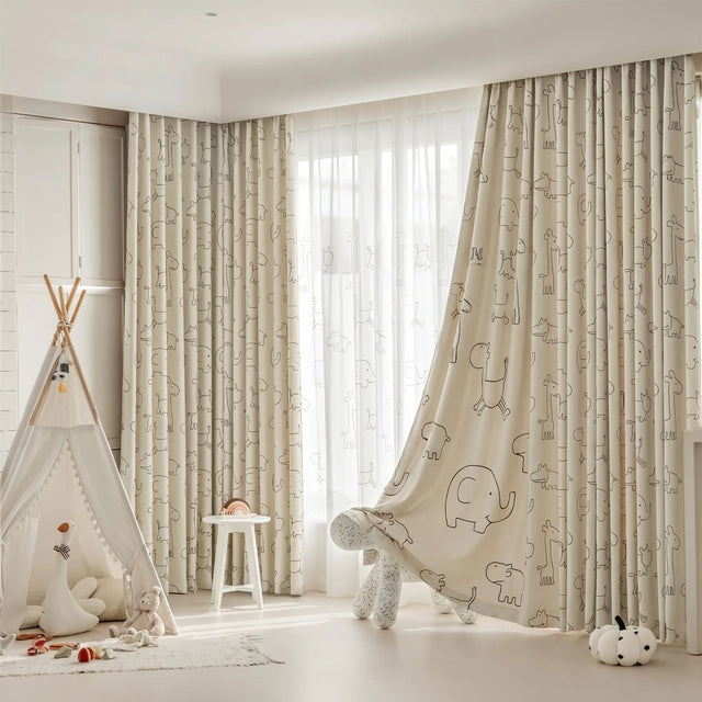 Room Darkening Curtains Beige — Animal Print
