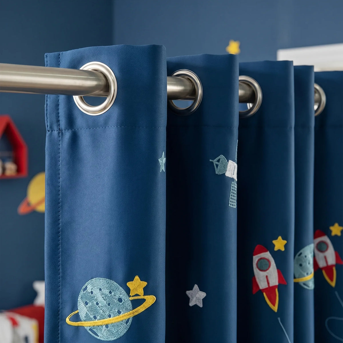 Room Darkening Curtains Blue — Space Print Kids