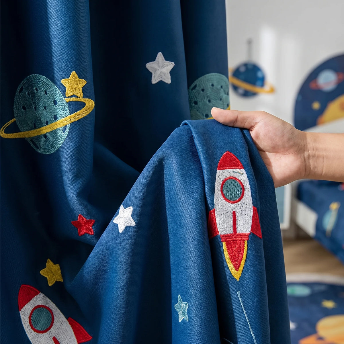Room Darkening Curtains Blue — Space Print Kids