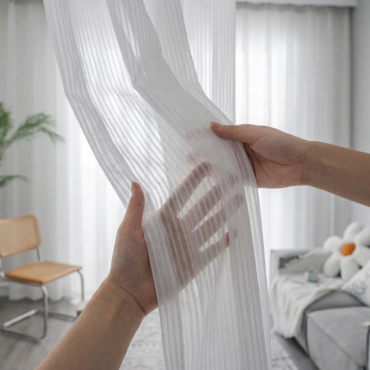Sheer Voile Curtain White Horizontal Stripe