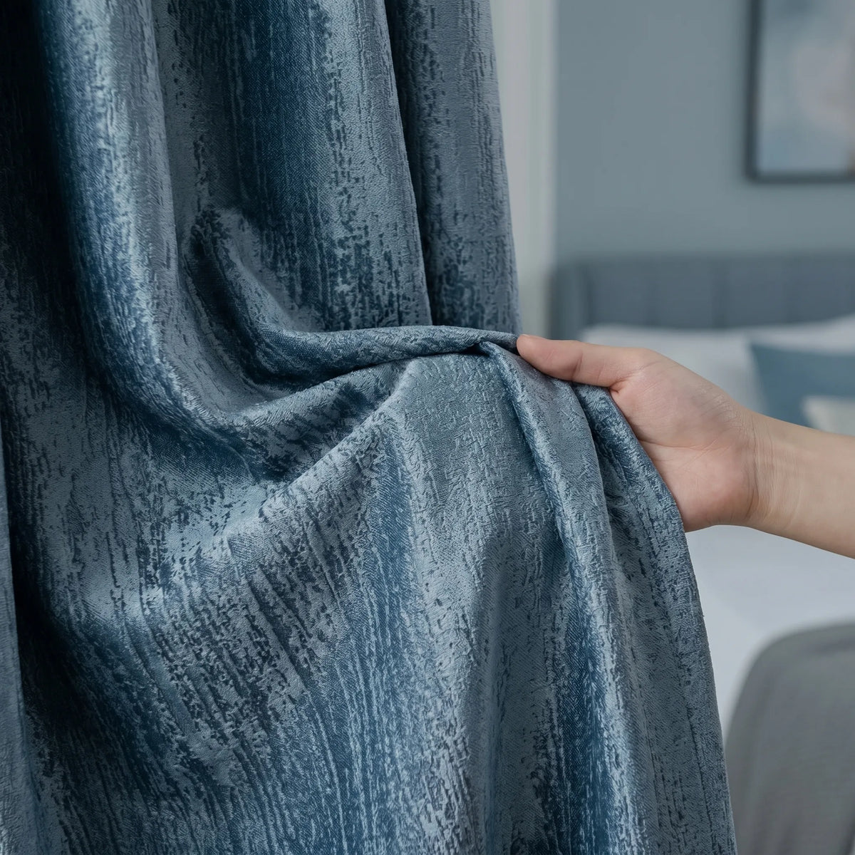 Room Darkening Curtains Wood Effect Blue Grey
