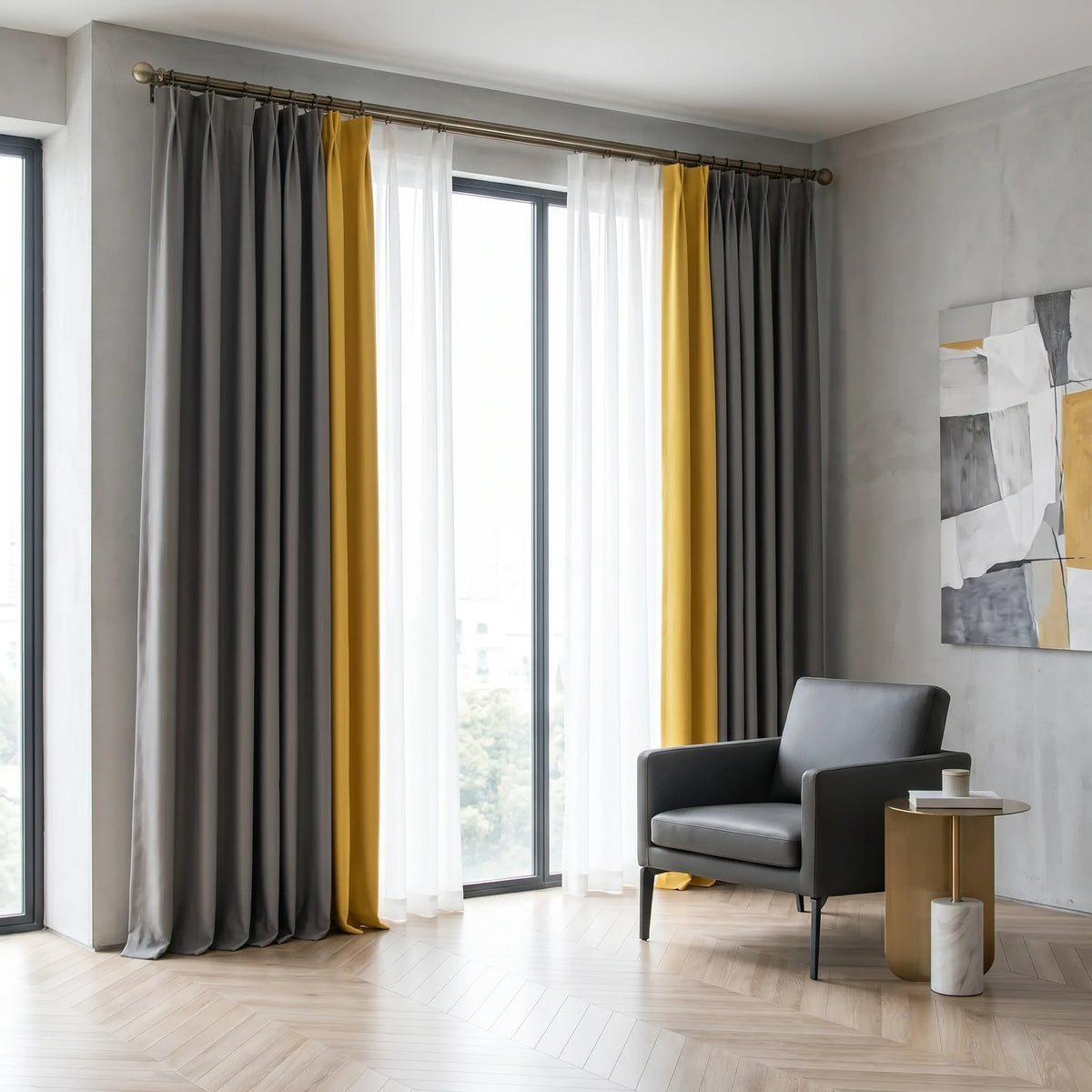 Room Darkening Curtains Grey & Mustard