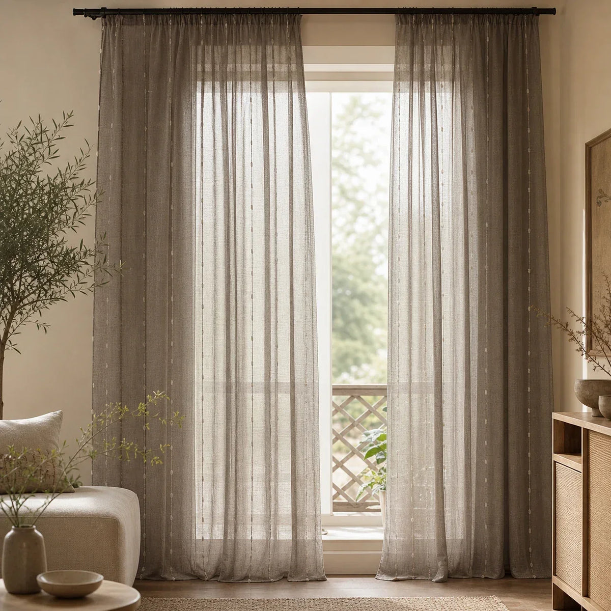 Linen Sheer Curtain Brown Patterned