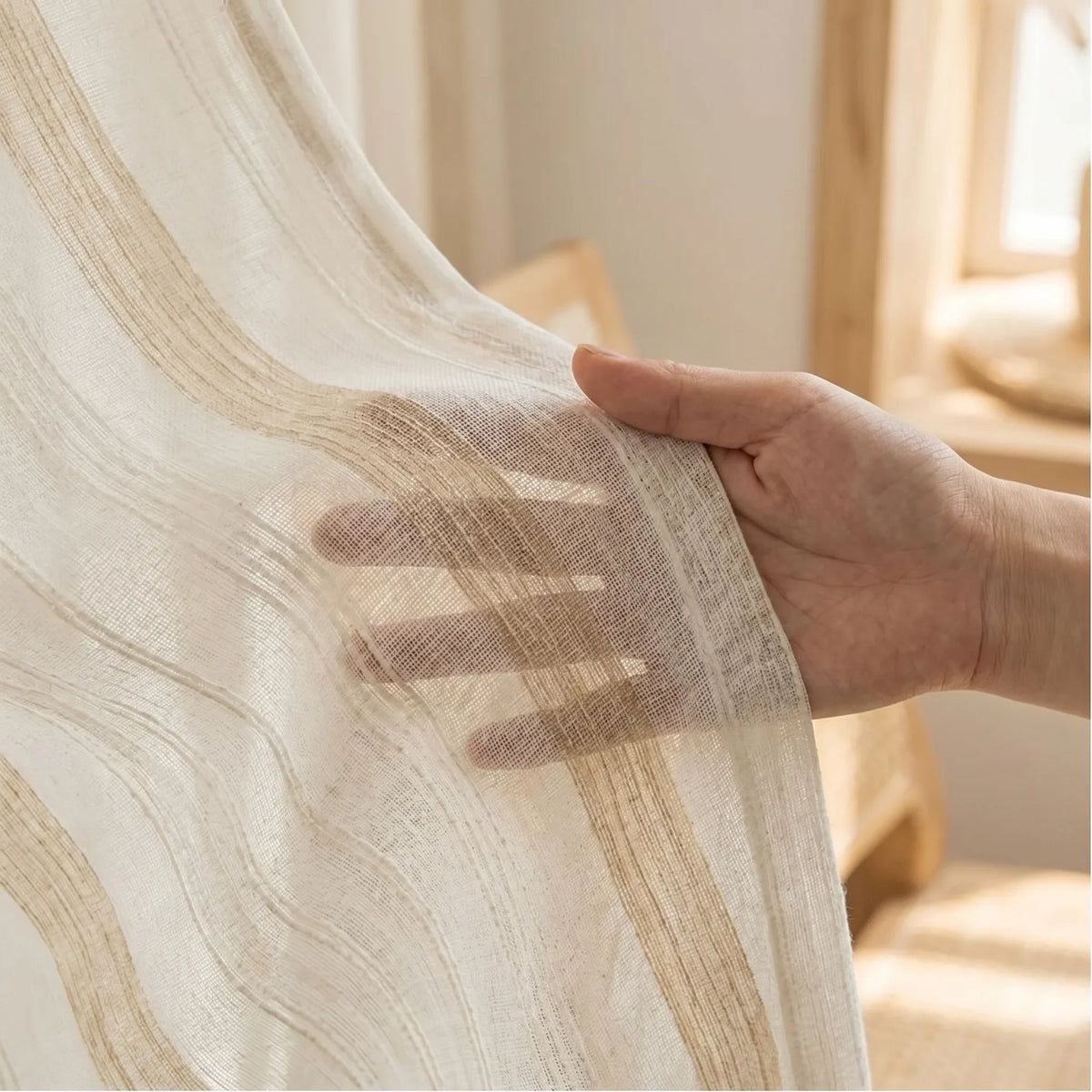 Linen Sheer Curtain Beige Patterned