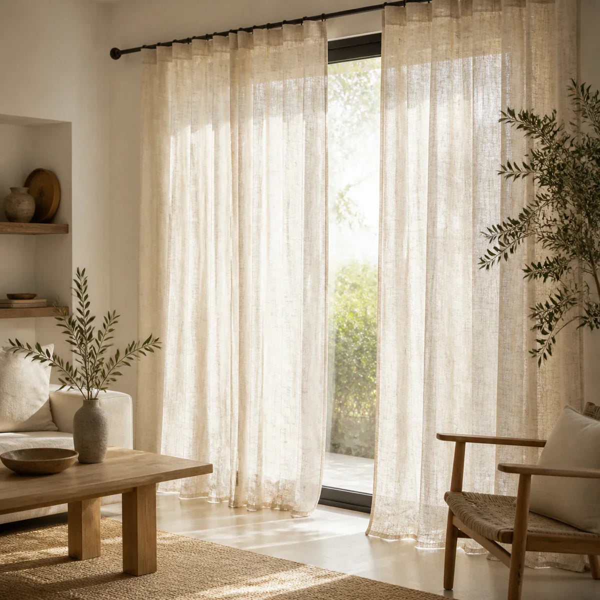 Linen Sheer Curtain Beige Patterned
