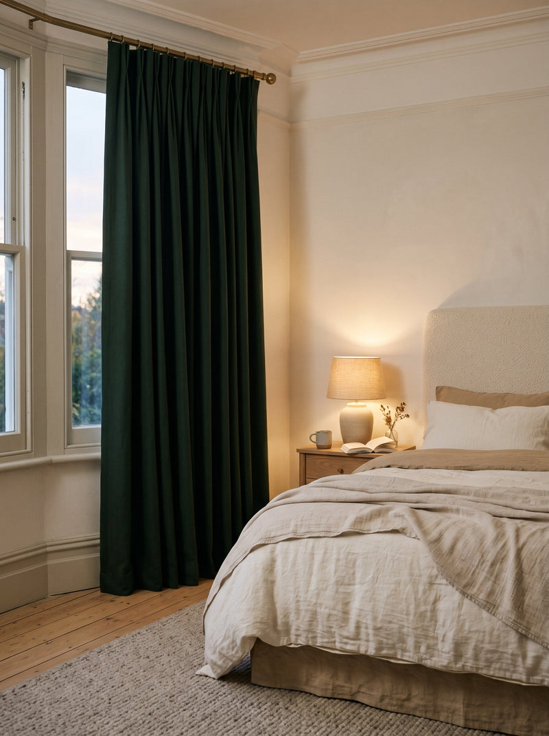 Bedroom with green blackout curtains