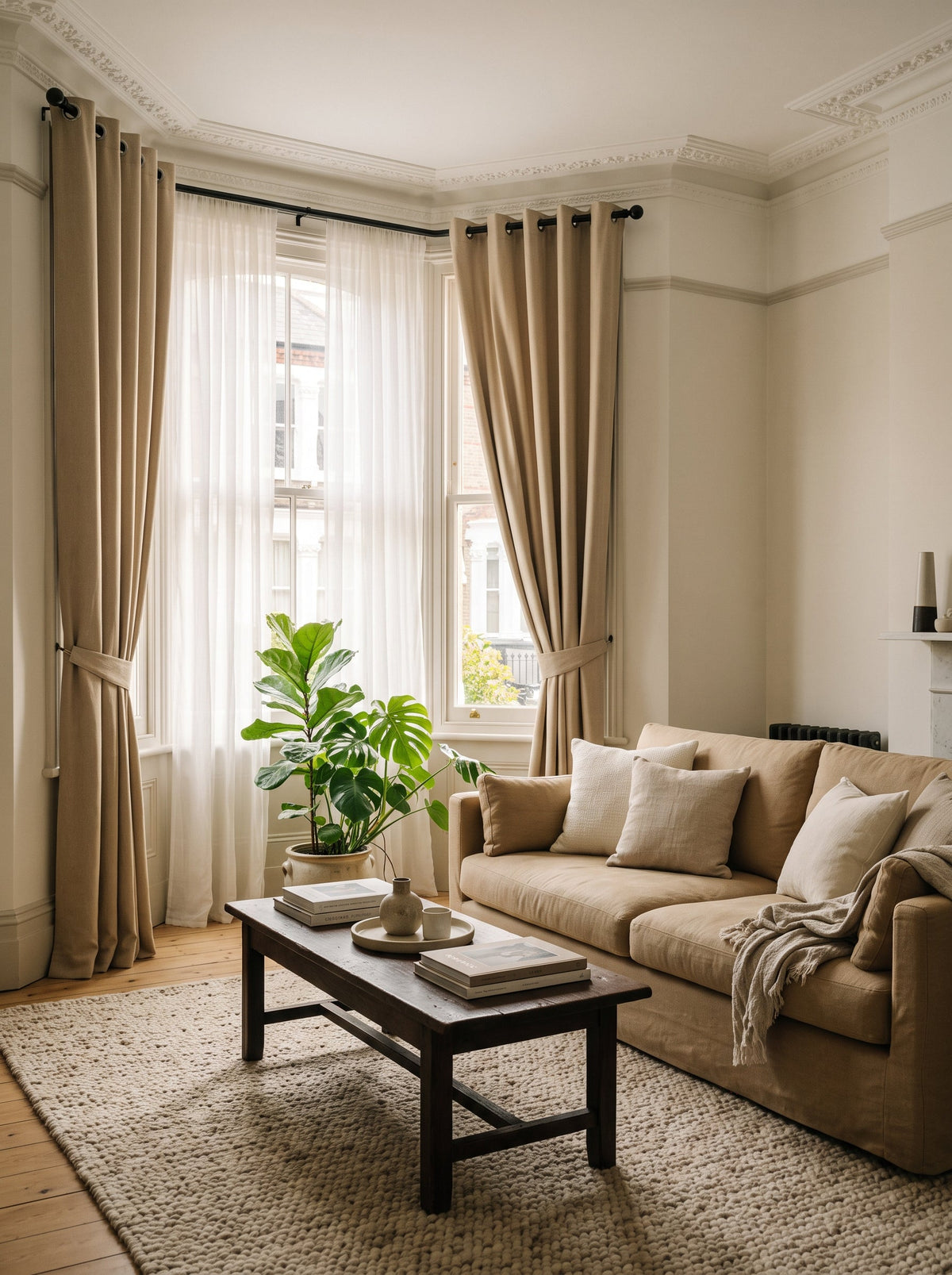 Living room with eyelet curtains and a sheer voile