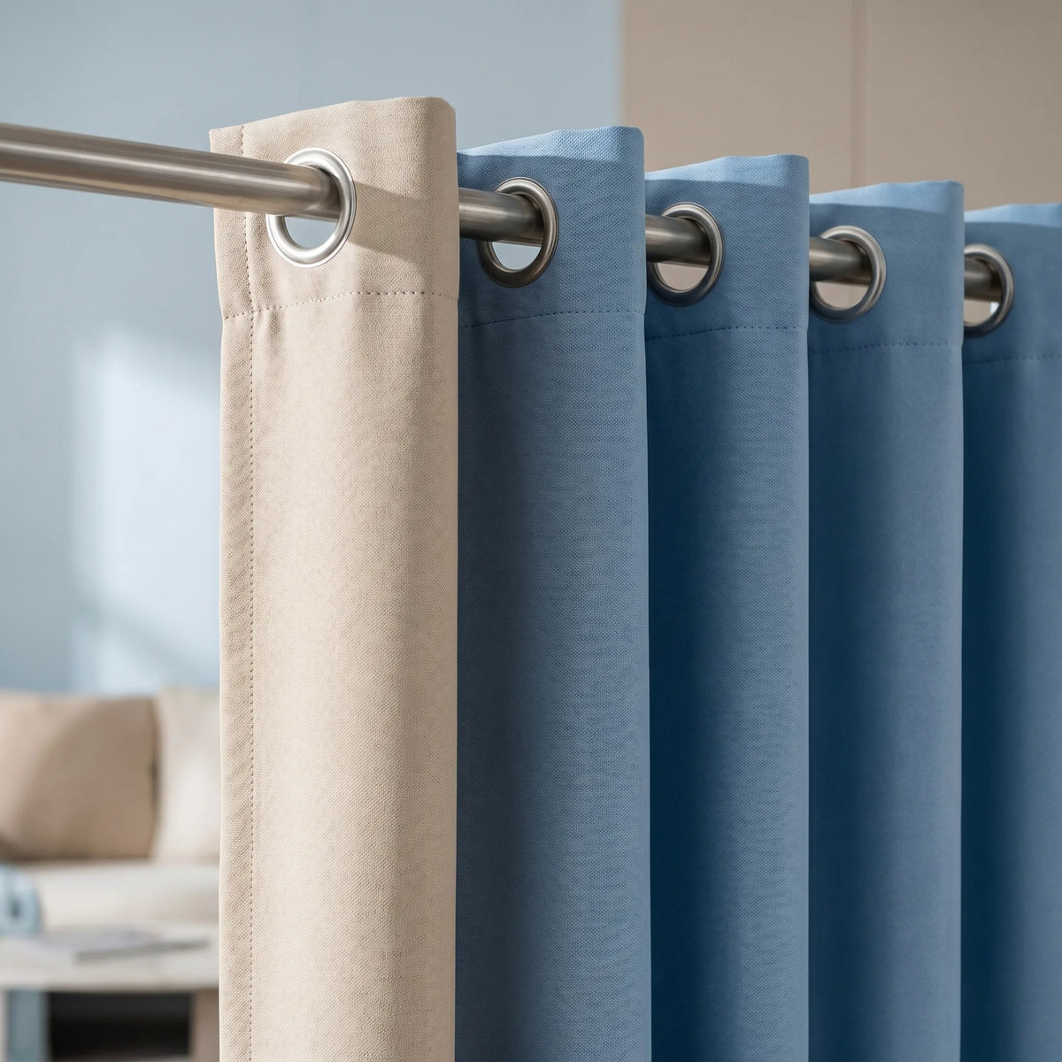 Room Darkening Curtains Sky Blue & Beige — Two-Tone Pair