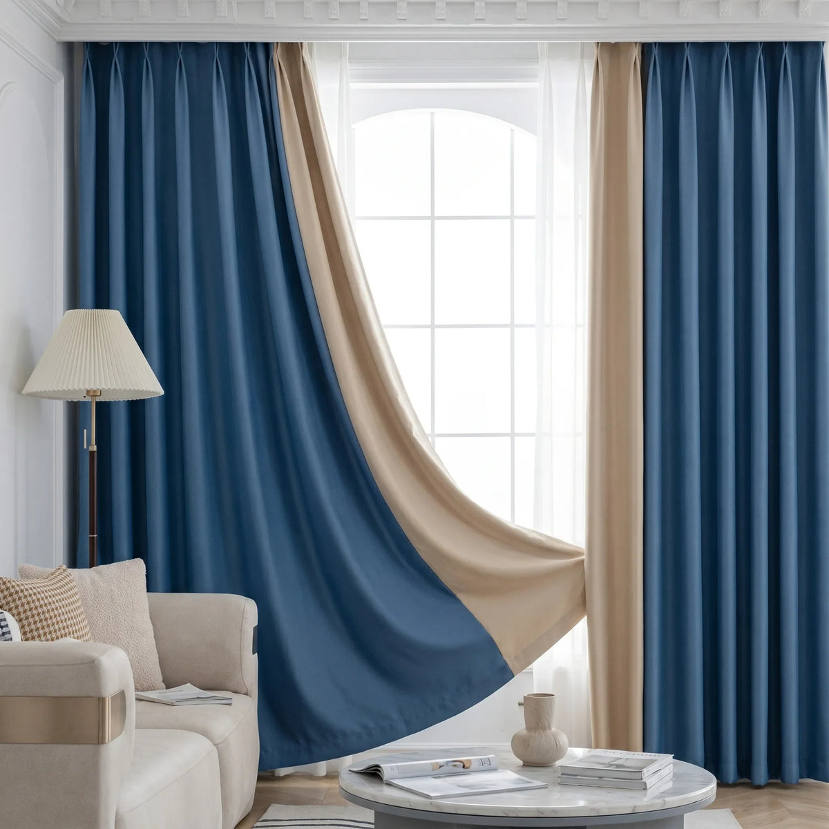 Room Darkening Curtains Sky Blue & Beige — Two-Tone Pair