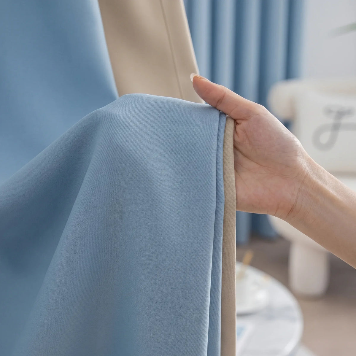 Room Darkening Curtains Sky Blue & Beige — Two-Tone Pair