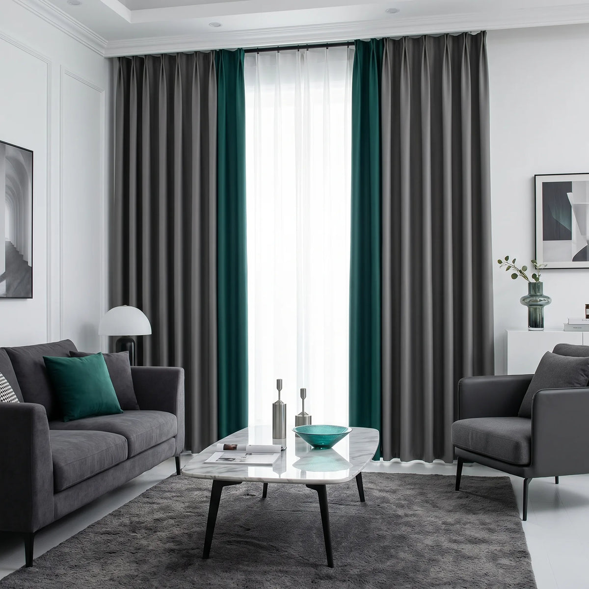 Green & Grey Two-Tone Thermal Blackout Curtain Panels Pair