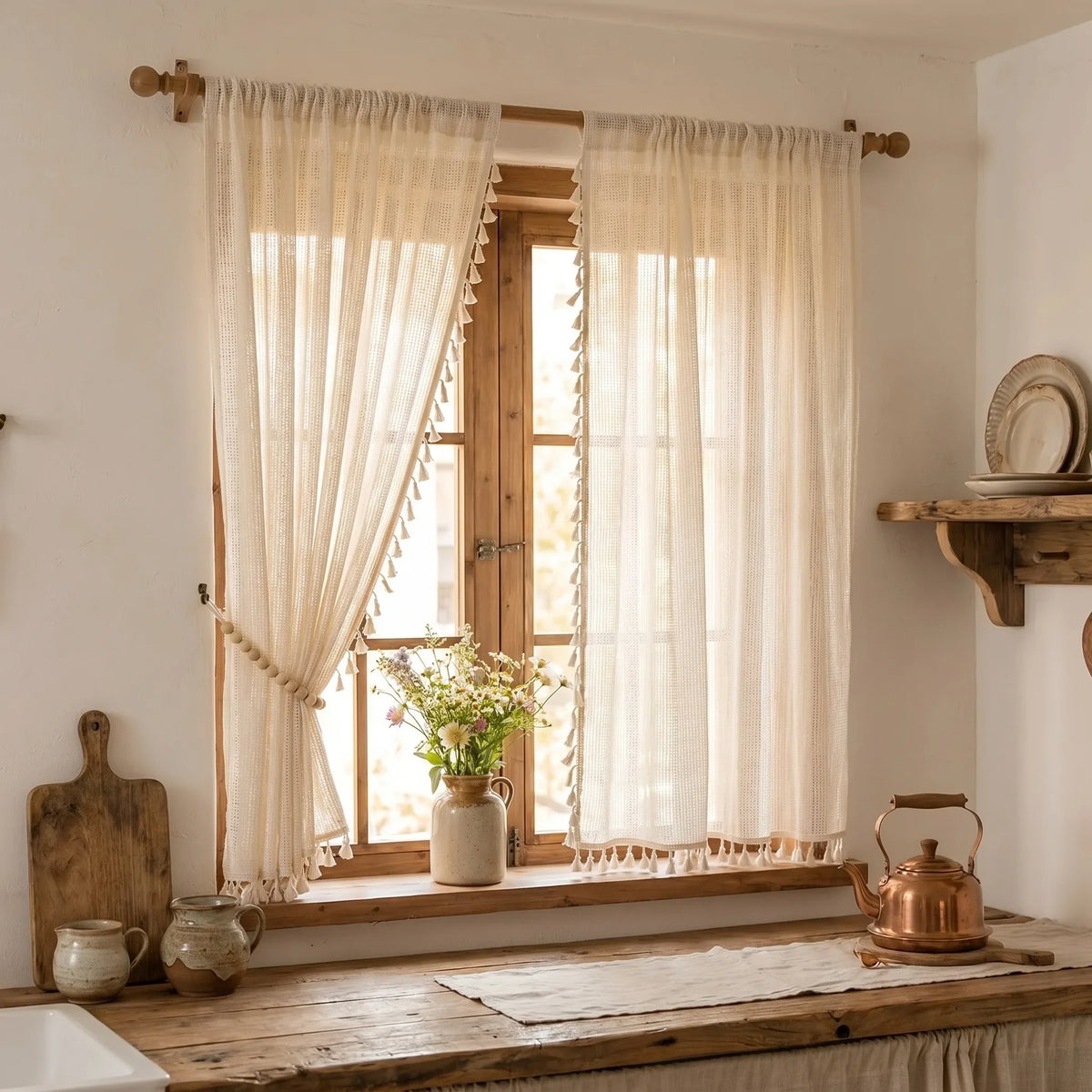 Bohemian Kitchen Curtain Beige