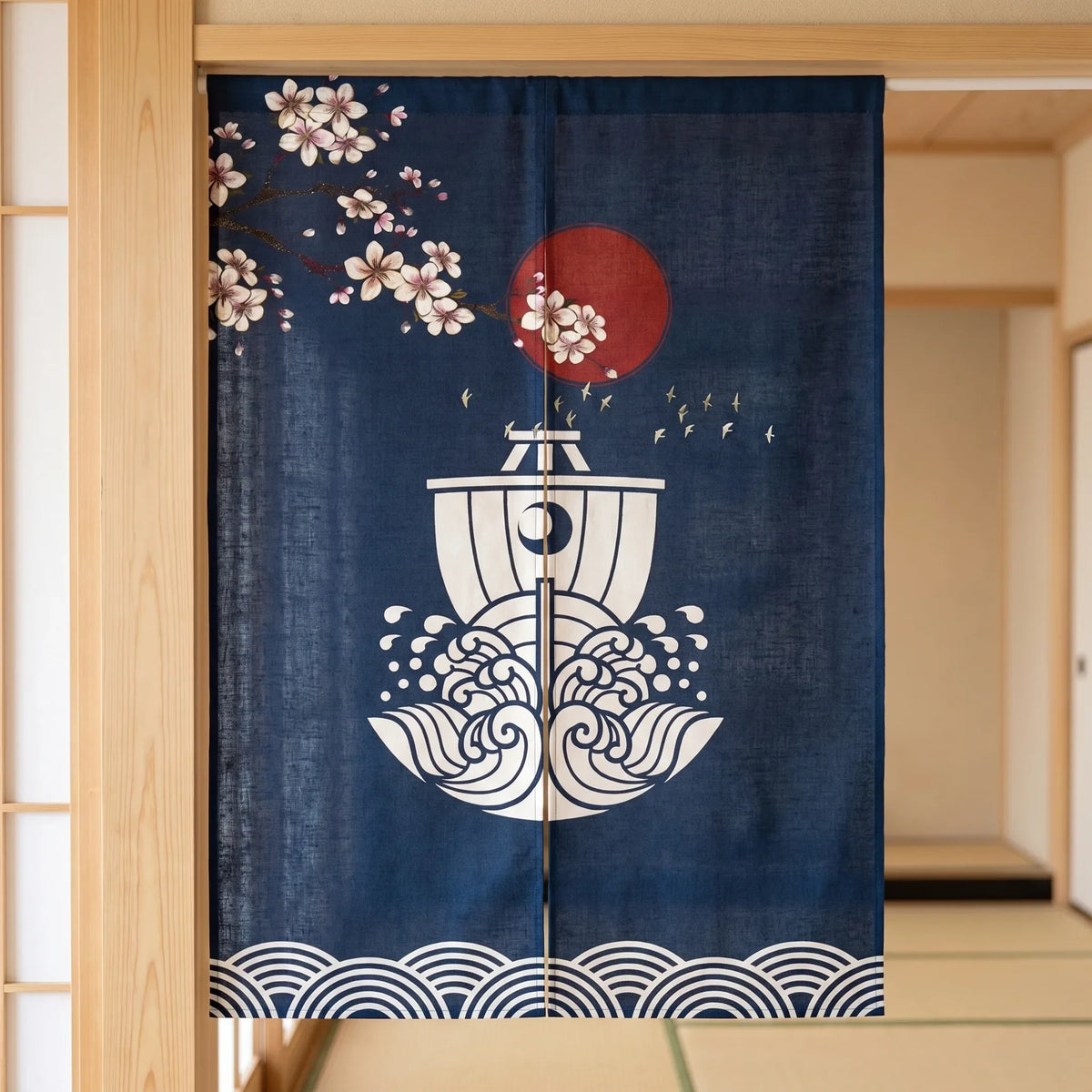 Japanese Linen Door Curtain (Noren) - Boat - detail view | Sylvra