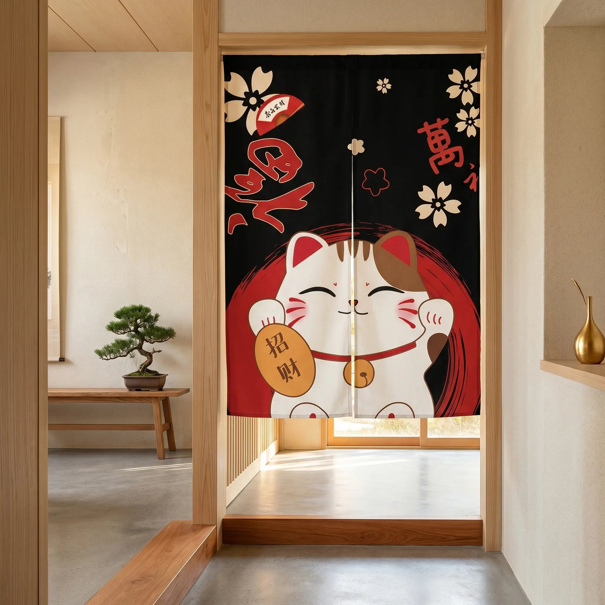 Japanese Linen Door Curtain (Noren) - Black Cat
