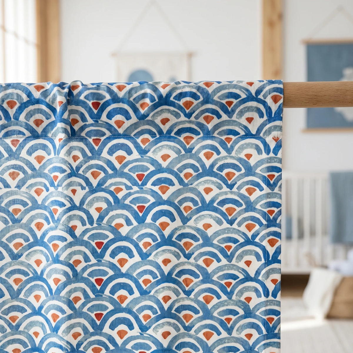 Japanese Linen Door Curtain (Noren) - Colourful Shapes - heading style detail | Sylvra