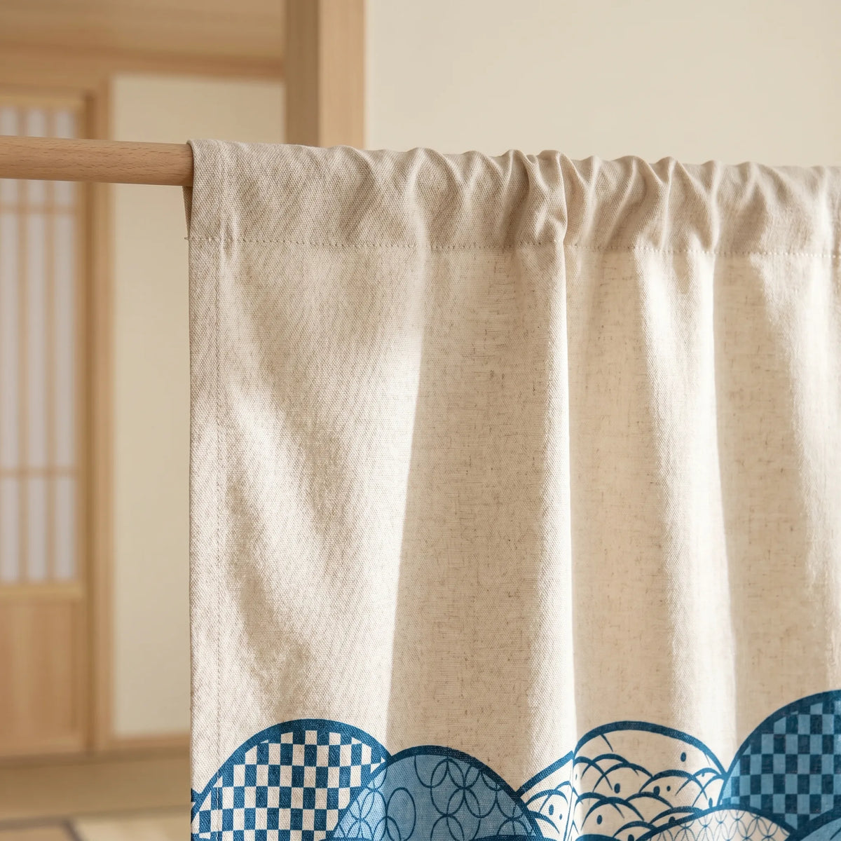 Japanese Linen Door Curtain (Noren) - Geometric Shapes - heading style detail | Sylvra