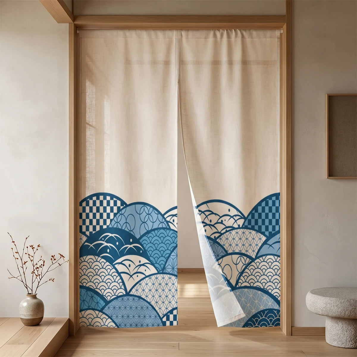 Japanese Linen Door Curtain (Noren) - Geometric Shapes - lifestyle photo in a UK home | Sylvra