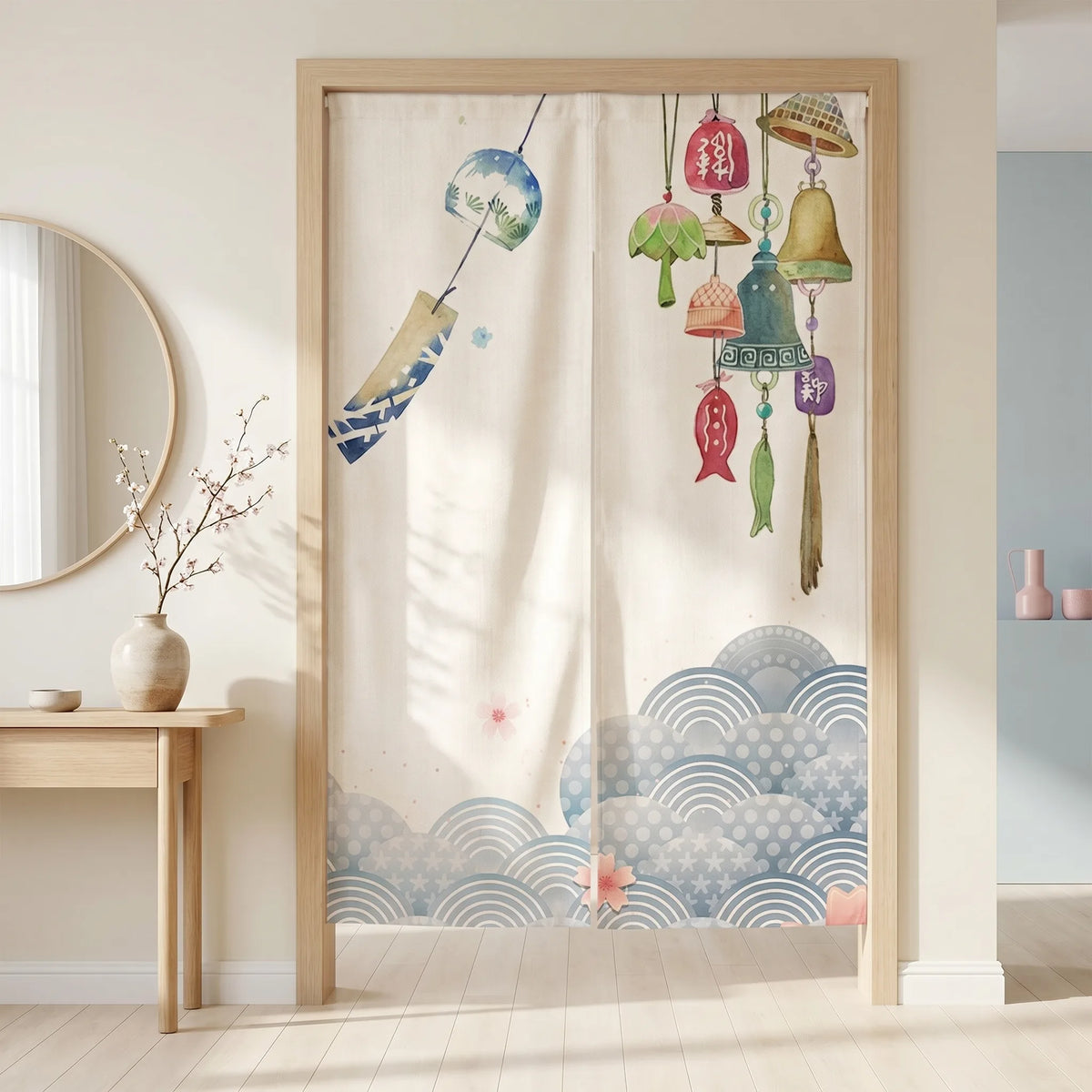 Japanese Linen Door Curtain (Noren) - Lanterns - lifestyle photo in a UK home | Sylvra