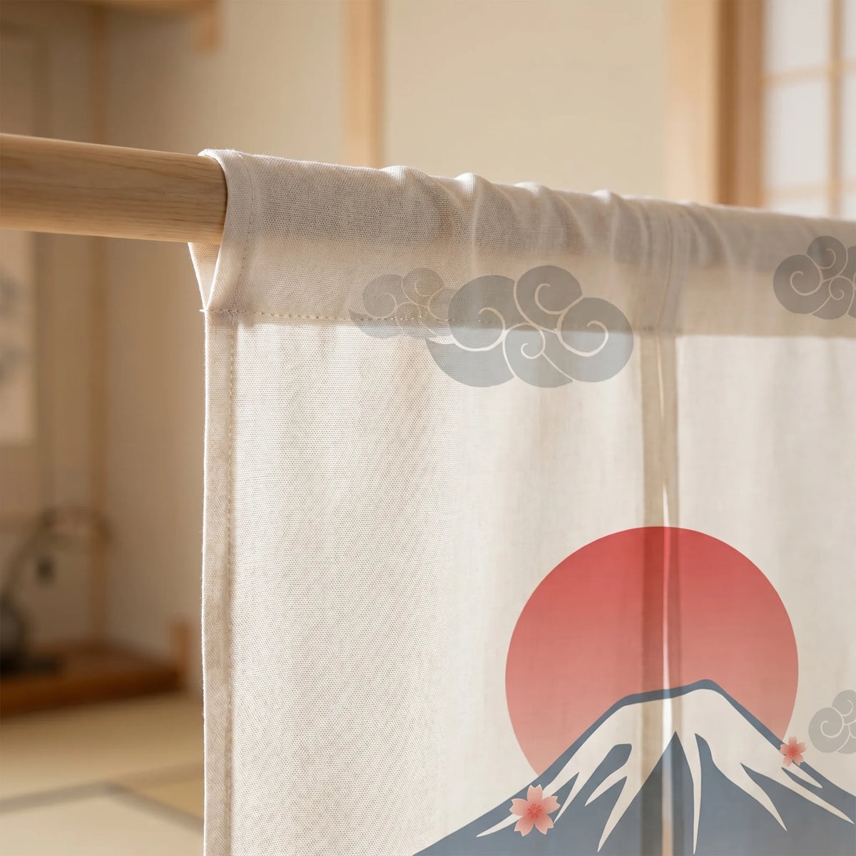 Japanese Linen Door Curtain (Noren) - Mount Fuji - heading style detail | Sylvra