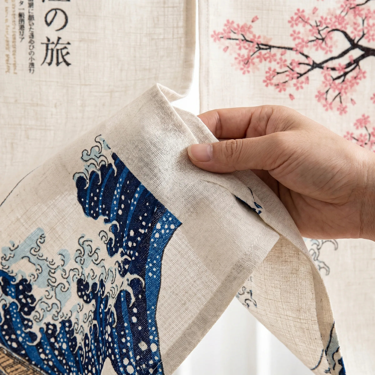Japanese Linen Door Curtain (Noren) - White Kanagawa Wave