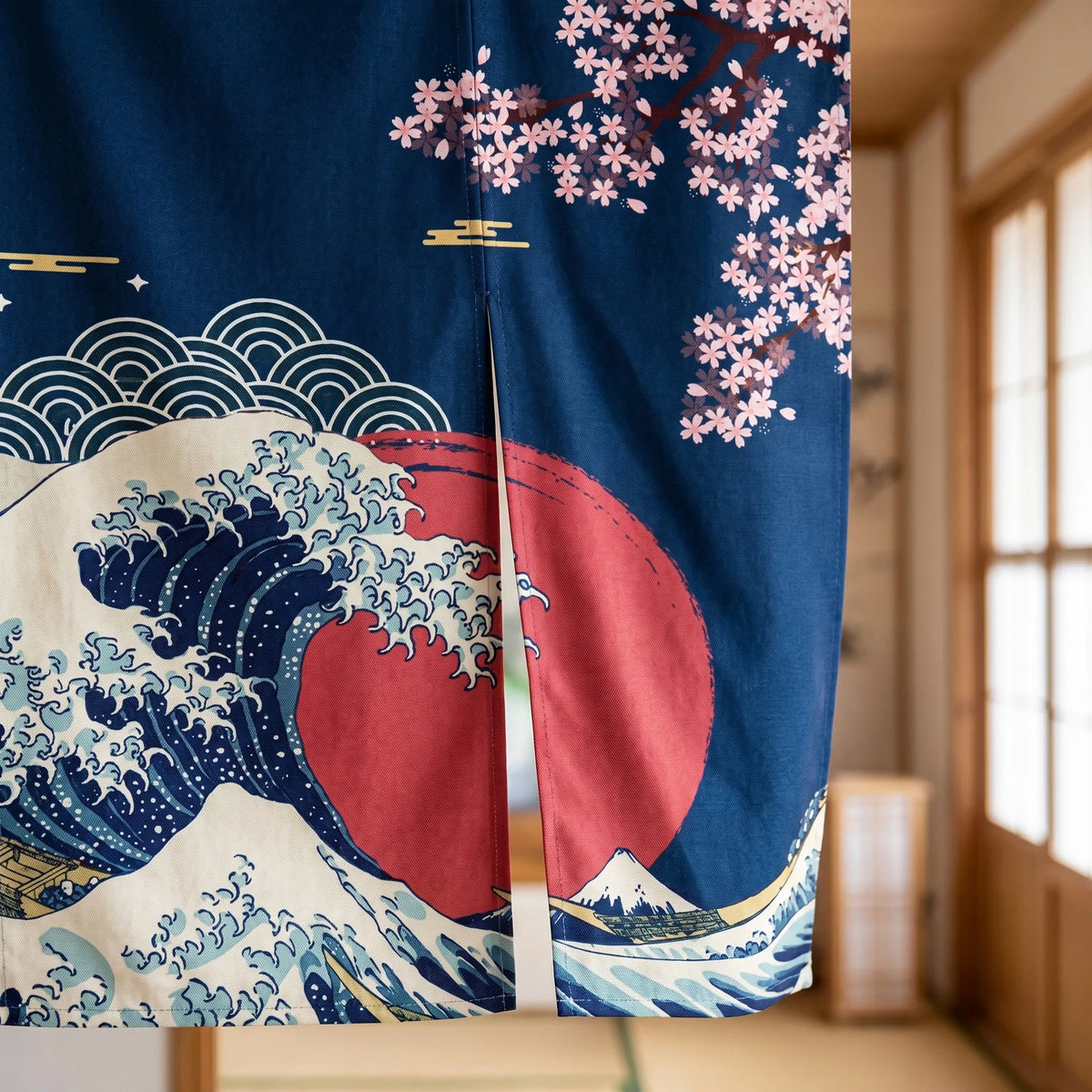 Japanese Linen Door Curtain (Noren) - Blue Kanagawa Wave - detail view | Sylvra