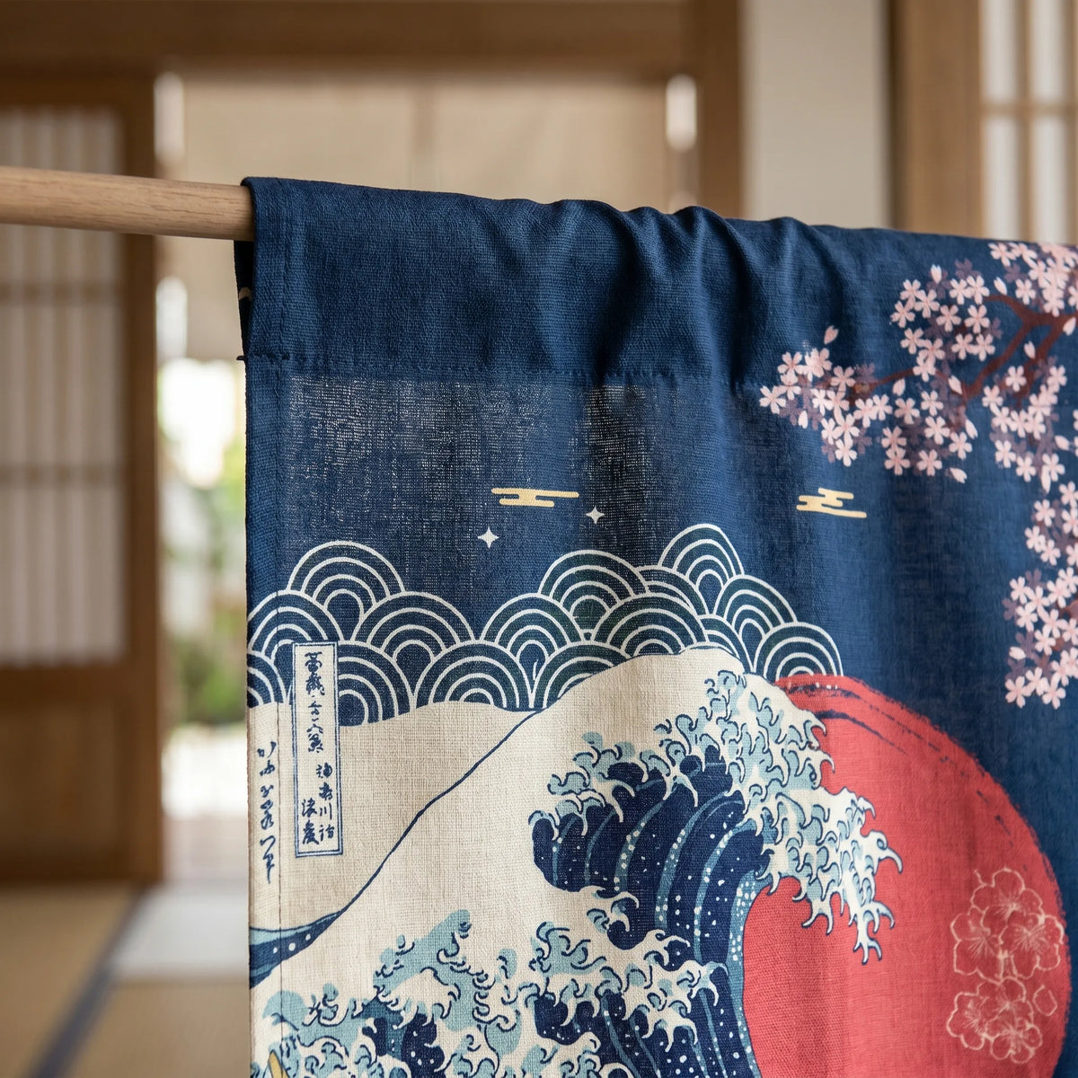 Japanese Linen Door Curtain (Noren) - Blue Kanagawa Wave - heading style detail | Sylvra
