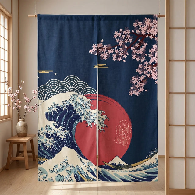 Japanese Linen Door Curtain (Noren) - Blue Kanagawa Wave