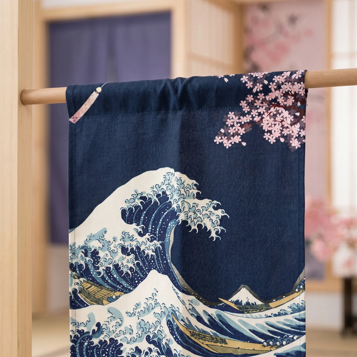 Japanese Linen Door Curtain (Noren) - Black Kanagawa Wave - heading style detail | Sylvra