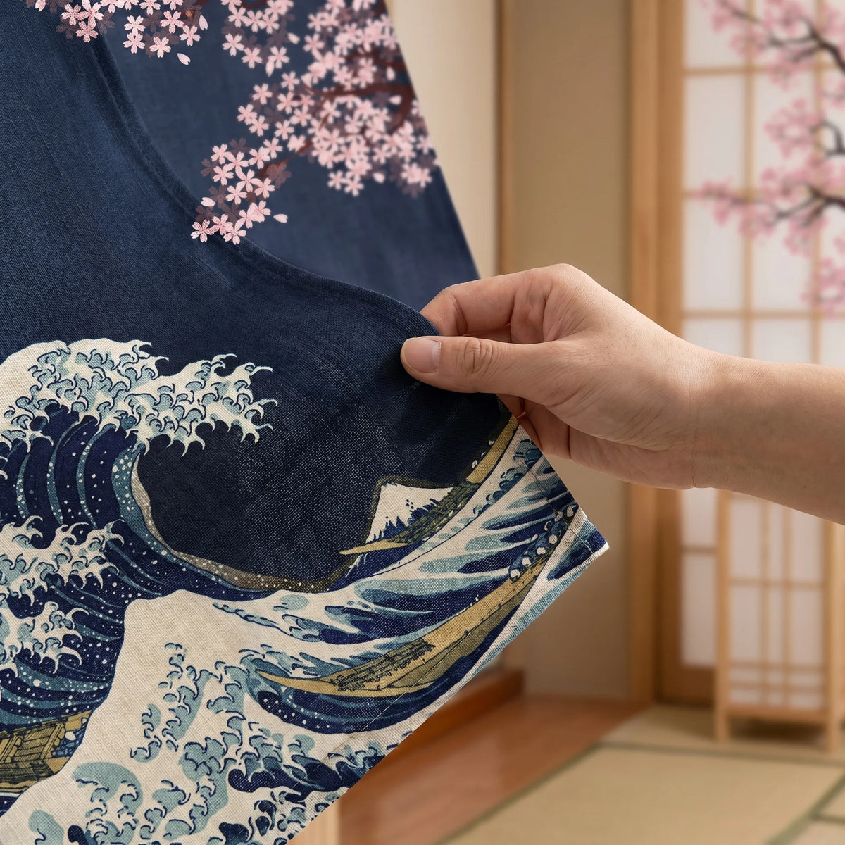 Japanese Linen Door Curtain (Noren) - Black Kanagawa Wave