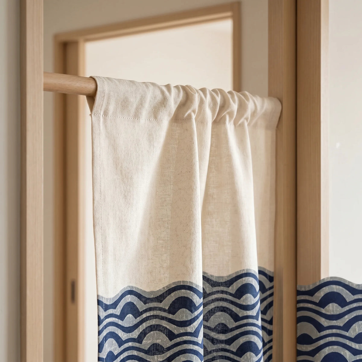 Japanese Linen Door Curtain (Noren) - Ocean Waves - heading style detail | Sylvra