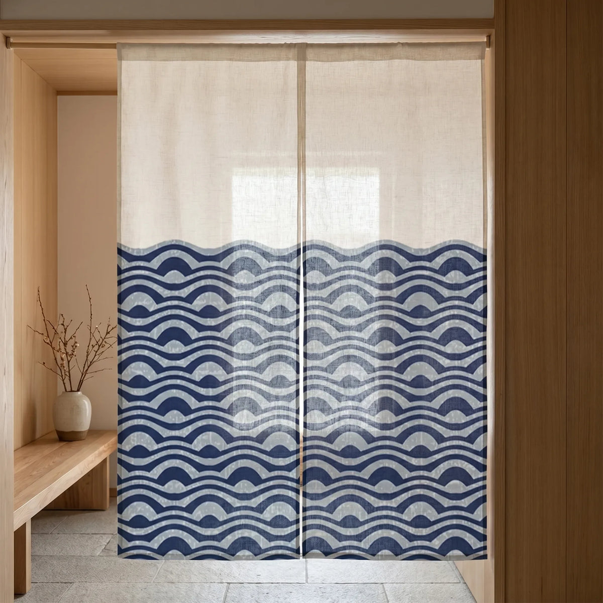 Japanese Linen Door Curtain (Noren) - Ocean Waves - lifestyle photo in a UK home | Sylvra