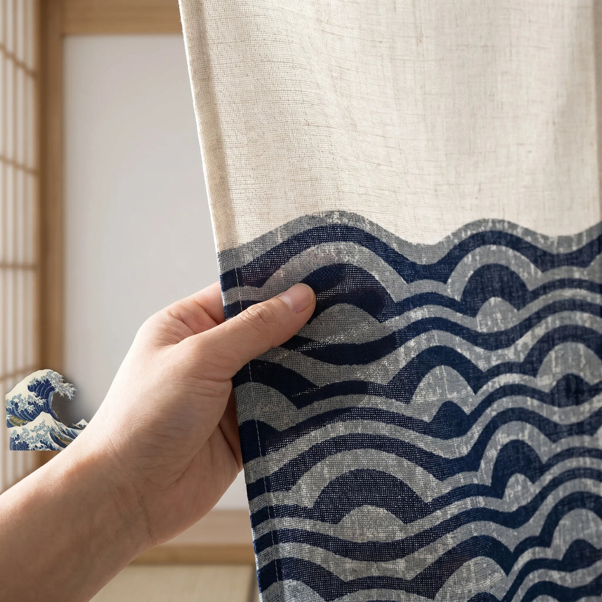 Japanese Linen Door Curtain (Noren) - Ocean Waves - fabric texture close-up | Sylvra