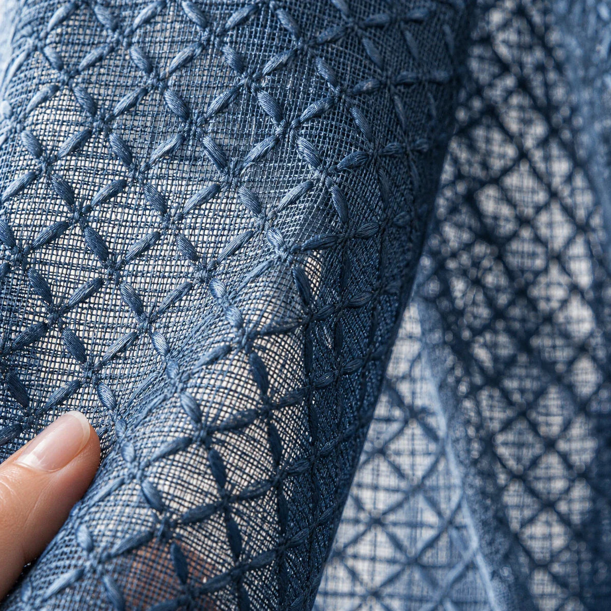 Sheer Voile Curtain Navy Blue Patterned