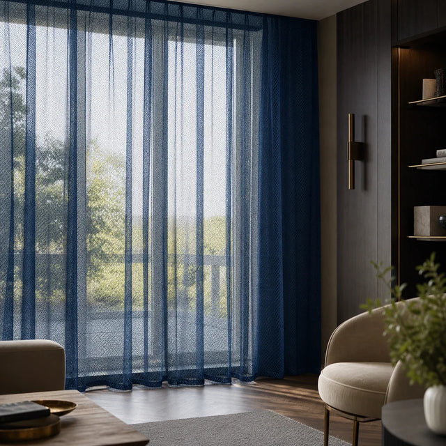 Sheer Voile Curtain Navy Blue Patterned