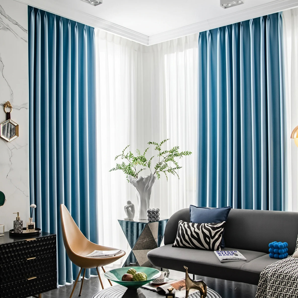 Room Darkening Curtains Sky Blue Patterned