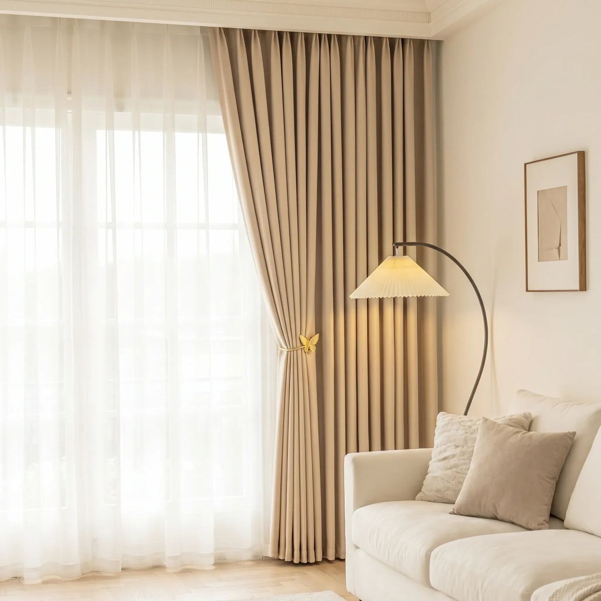 Thick Room Darkening Curtains Beige - lifestyle photo in a UK home | Sylvra